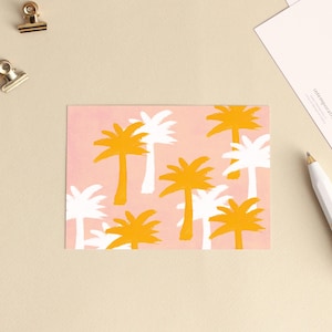 Carte postale « Motif palmiers rose doré » Illustration aquarelle vacances, plage - Petite affiche, décoration chambre fille, salon, cuisine