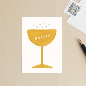 Carte postale « Bravo! » Fête, anniversaire, mariage, célébration, félicitation - Champagne cocktail - Message en français - Petite affiche