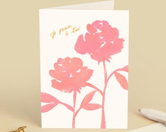 "Thinking of you" greeting card Sweet words, little thought, birthday, gift - Watercolor illustration of pink flowers - Message in French