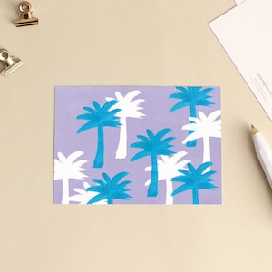 Carte postale « Motif palmiers bleu violet » Illustration aquarelle été, plage - Petite affiche, décoration chambre fille, salon, cuisine