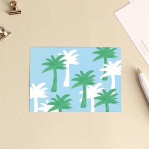Carte postale « Motif palmiers bleu vert » Illustration aquarelle vacances, plage - Petite affiche, décoration chambre fille, salon, cuisine
