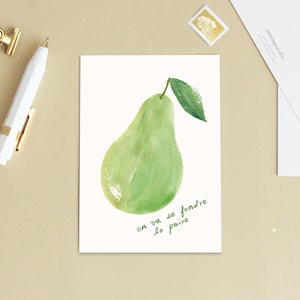 Carte postale « On va se fendre la poire » Jeu de mots - Illustration fruit - Message en français - Petite affiche, décoration cuisine
