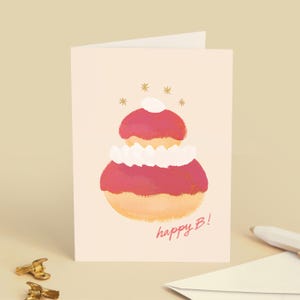 Carte de vœux « Joyeux anniversaire » Fête, cadeau, gourmandise, happy birthday - Illustration pâtisserie gâteau religieuse fraise