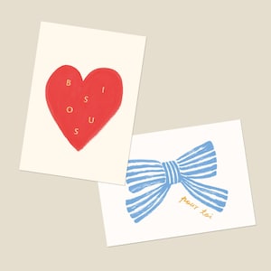 Lot de 2 cartes postales voeux "Bisous", coeur, anniversaire, noeud, cadeau, rouge et bleu - Illustration aquarelle