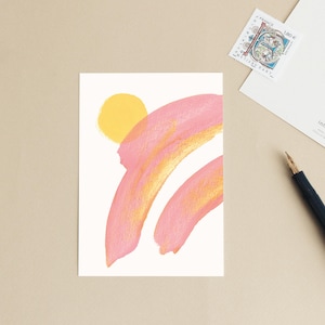 Carte postale « Arc-en-ciel » Illustration aquarelle rose jaune - Message en français - Petite affiche, décoration chambre fille bébé