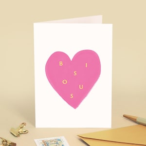 Carte de vœux « Bisous » Petite attention, amour, couple, je t'aime, anniversaire - Illustration coeur rose - Message en français