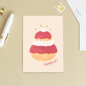 Carte postale « Happy B! » Joyeux anniversaire, Happy Birthday, fête, cadeau, dessert - Pâtisserie française gâteau religieuse fraise rose