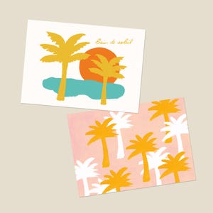 Lot de 2 cartes postales voeux "Bain de soleil", été, plage, palmier, vacances, coucher de soleil, jolies cartes - Illustration aquarelle