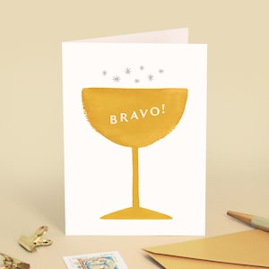 "Bravo!" Greeting Card - Party, Birthday, Wedding, Engagement, Congratulations - Champagne Glass Illustration - Message in French