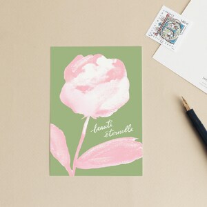 Carte postale « Beauté éternelle » Romantique, anniversaire - Illustration fleur pivoine rose - Message en français - Petite affiche, déco