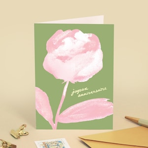 Happy Birthday Greeting Card Party, Beauty, Gift - Floral Illustration Watercolor Painting Peony Flowers - Message in French