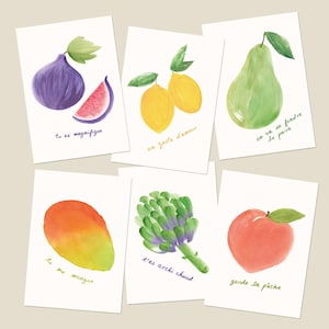 Lot de 6 cartes postales Fruits & Légumes Jeu de mots - Illustration aquarelle, message en français - Petite affiche, décoration cuisine