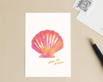 Postcard "Mermaid Soul" Pink shell watercolor illustration - Message in French - Small poster, baby girl room decoration