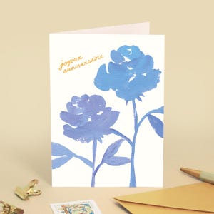 Happy Birthday Greeting Card - Party, Kisses, Gift - Watercolor Painting Illustration - Blue Pink Flowers - Message in French
