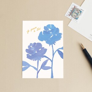 Carte postale « Je pense à toi » Mots doux, petite pensée - Illustration aquarelle roses bleues - Message en français - Petite affiche