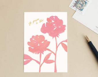 Postcard "I'm thinking of you" Romantic, little thought - Watercolor illustration pink flowers - Message in French - Small poster