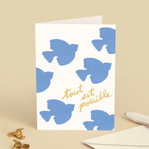 "Everything is possible" greeting card: Encouragement, new beginnings, projects, birthdays - Bluebird illustration - Message in French