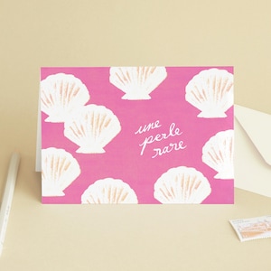 Carte de vœux « Perle rare » Anniversaire, petite pensée, compliment, cadeau - Illustration motif coquillages rose - Message en français