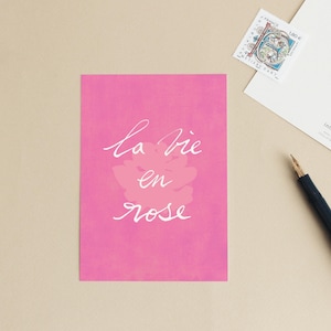 Carte postale « La vie en rose » Romantique, beauté - Illustration aquarelle fleurs roses - Message en français - Petite affiche