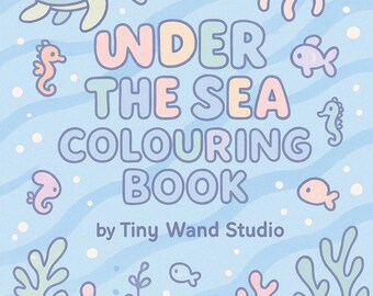 Puede incluir: Un libro para colorear colorido con el título "Under the Sea Coloring Book" de Tiny Wand Studio. La portada presenta una tortuga, una medusa, un caballito de mar y peces de dibujos animados. El libro tiene 10 páginas de diversión imprimible.