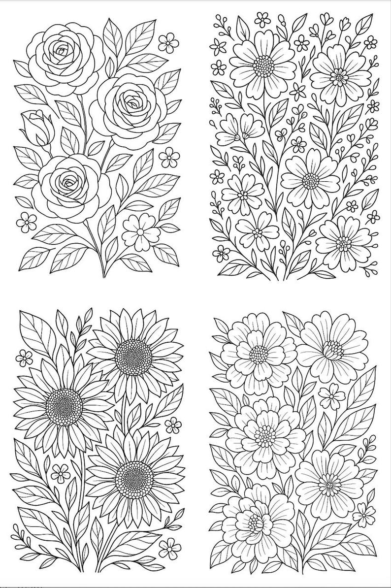 10 Flower Coloring Pages for Adults – Printable PDF | Mixed Floral ...