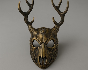 Antler Deer Mask, Full Face Reindeer Costume for Halloween Masquerade Cosplay Carnival Party, Woodland Themed Fantasy Forest Animal Headwear