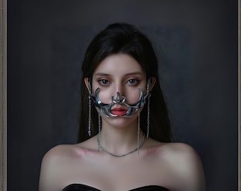 Mascarilla facial de metal con cadenas, puño gótico para puente nasal, tocado de cadena plateada para festivales o disfraces, accesorio facial atrevido y llamativo.