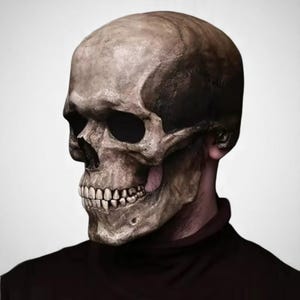Realistic Horror Skull Mask – Full Head Latex Helmet with Movable Jaw | Scary Halloween Costume Prop for Cosplay, Party, or Haunted Decor