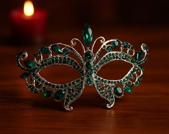 Grön fjärilsmaskeradmask | Silverögonmask för fest, bröllop, bal, Mardi Gras | Cosplay-kostymtillbehör | Present till henne.
