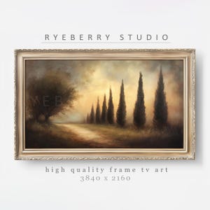 Puede incluir: Una pintura enmarcada de un paisaje con un camino de tierra que conduce a una fila de altos cipreses verde oscuro. El cielo es de un amarillo dorado suave con algunas nubes. La pintura está en un marco dorado con un borde decorativo. El texto "RYEBERRY STUDIO" está en la parte superior de la imagen. El texto "high quality frame tv art 3840 x 2160" está en la parte inferior de la imagen.