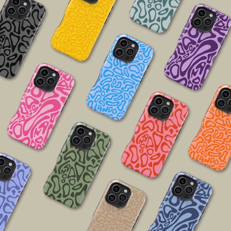 May include: A collection of colorful phone cases with abstract, swirling patterns. Cases are in various colors, including pink, blue, yellow, and green. Each case has a camera cutout and a smooth, glossy finish.