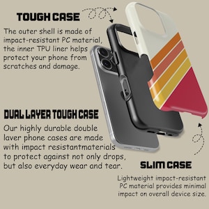 May include: An image of a phone case disassembled to show its construction. The case features a retro design with red, orange, and yellow stripes. Text highlights "TOUGH CASE", "DUAL LAYER TOUGH CASE", and "SLIM CASE", emphasizing impact resistance and protection.