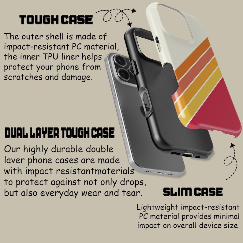 May include: An image of a phone case disassembled to show its construction. The case features a retro design with red, orange, and yellow stripes. Text highlights "TOUGH CASE", "DUAL LAYER TOUGH CASE", and "SLIM CASE", emphasizing impact resistance and protection.