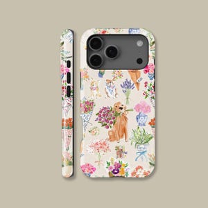 May include: A phone case with a floral and dog design. The case features a repeating pattern of bouquets, dogs, and floral arrangements in pink, purple, and green on a cream background. The case is shown from multiple angles.