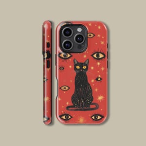 Mysterious Black Cat Phone Case for iPhone 16 15 14 13 12 Pro Max, Gothic Cat Protective Cover for Samsung Galaxy S23 S24 S25