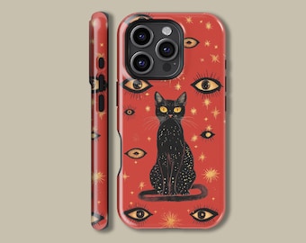 Coque de portable chat noir mystérieux pour iPhone 16 15 14 13 12 Pro Max, coque de protection chat gothique pour Samsung Galaxy S23 S24 S25