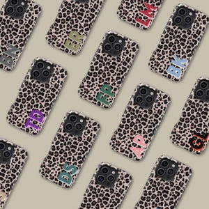 Aangepaste monogram luipaard telefoonhoesje voor iPhone 16 15 14 13 12 Pro Max Plus, gepersonaliseerde beschermhoes voor Samsung Galaxy S23 S24 S25