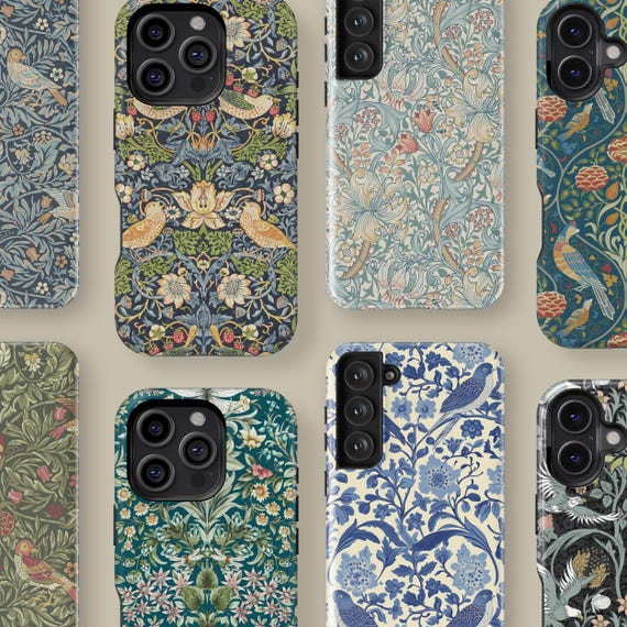 William Morris Inspired Phone Case for iPhone 17 16 15 14 13 12 11 Mini Pro Max, Vintage Pattern Protective Cover for Samsung Galaxy S24 S25