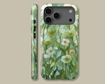 May include: A phone case featuring a floral design with green, white, and yellow flowers. The case has a stained-glass effect, with a light green background and a side view showing the case's edge.