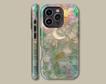 Moon and Sun Stained Glass Vintage Aesthetic Phone Case for iPhone 16 15 14 13 12 Pro Max, Celestial Protective Cover for Samsung Galaxy S23
