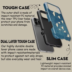 May include: An exploded view of a phone case, showcasing its layers. The outer shell is blue with white bird illustrations. The inner layer is black, and the phone is silver. Text highlights the case's impact resistance and protection against scratches.