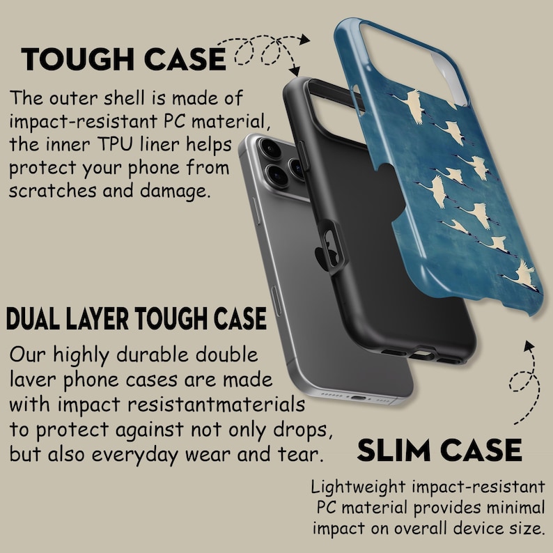 May include: An exploded view of a phone case, showcasing its layers. The outer shell is blue with white bird illustrations. The inner layer is black, and the phone is silver. Text highlights the case's impact resistance and protection against scratches.