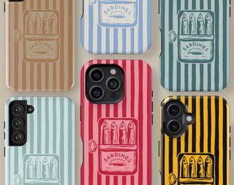 Funda de teléfono con diseño retro de pescado enlatado, color personalizado, para iPhone 16, 15, 14, 13 y 12 Pro Max. Funda protectora de verano para Samsung Galaxy S23, S24 y S25.