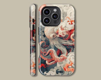 May include: A phone case with a colorful illustration of an octopus with red and white tentacles against a white and gray background. The octopus is surrounded by clouds and the phone case has a black camera bump.