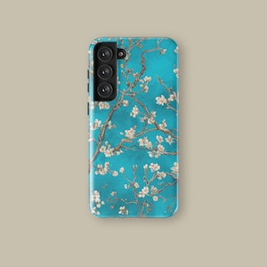 Ölgemälde Stil Mandelblüte Design MagSafe Handyhülle für iPhone 16 15 14 13 12 11 Pro Max, Blaue Abdeckung für Samsung Galaxy S25 Ultra