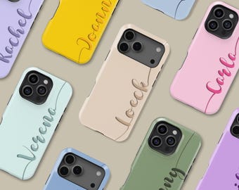 May include: A selection of brightly coloured phone cases, including yellow, pink, and green. Each case has a name in a cursive font. The cases are designed for smartphones and have camera cutouts.