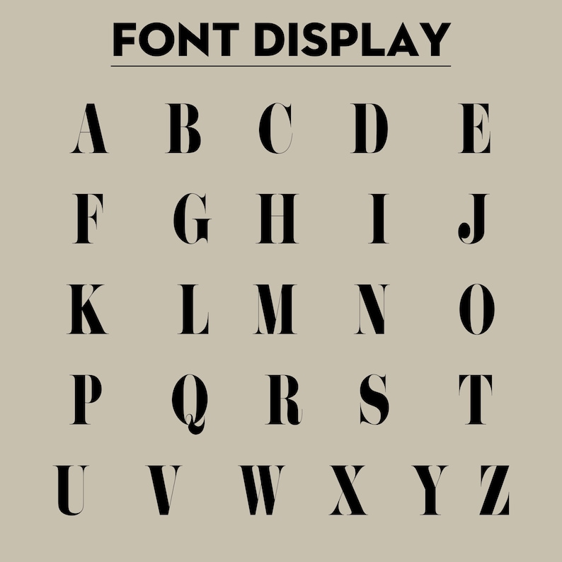 Op de afbeelding: Een lettertype-display met het alfabet van A tot Z in een schreeflettertype. De zwarte letters zijn in rijen gerangschikt op een beige achtergrond. De woorden "FONT DISPLAY" staan bovenaan.
