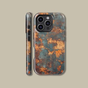 May include: A weathered phone case with a distressed, textured appearance. The case features a blend of orange, teal, and brown hues, mimicking the look of aged metal or rust. The design is applied to both the front and side of the case.