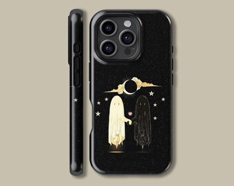 Romantic Ghost Couple Moon Star Phone Case for iPhone 16 15 14 13 12 Mini Plus Pro Max, Ghost Protective Cover for Samsung Galaxy S23 S24