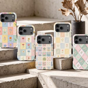 MagSafe-telefonskal med lapptäcke och blommönster för iPhone 17 16 15 14 13 12 Pro, Vintage gingham-skal för Samsung Galaxy S24 Plus FE S26 Ultra